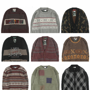 古着vintage复古日系宽松几何撞色波普图案纯羊毛毛衣男女秋冬10