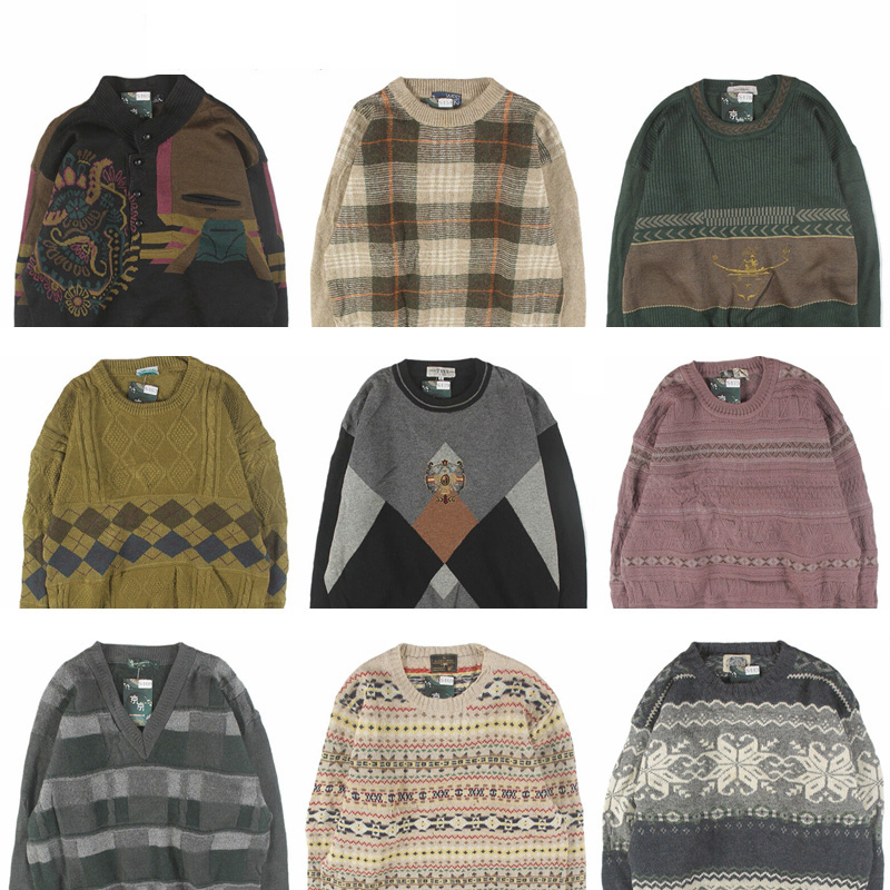 古着vintage复古日系宽松几何撞色波普图案纯羊毛毛衣男女秋冬10