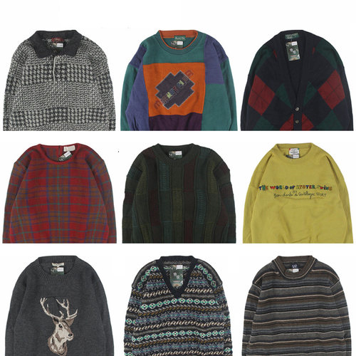 古着vintage复古日系宽松刺绣几何撞色波普图案纯羊毛衣男女秋冬5