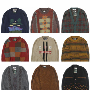 古着vintage复古日系宽松几何撞色波普图案纯羊毛毛衣男女秋冬18