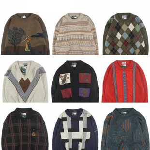 古着vintage复古日系宽松刺绣纯撞色波普图案纯羊毛毛衣男女秋冬2