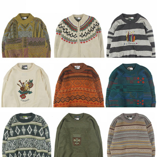 古着vintage复古日系宽松刺绣几何撞色波普图案纯羊毛衣男女秋冬9