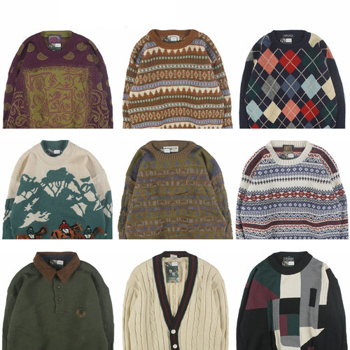 古着vintage复古日本系宽松几何撞色波普图案纯羊毛男女毛衣秋冬8