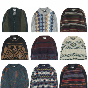 古着vintage复古日系宽松刺绣几何撞色波普图案羊毛衣男女秋冬1