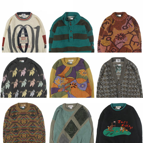 古着vintage复古日系宽松刺绣几何撞色波普图案纯羊毛衣男女秋冬3