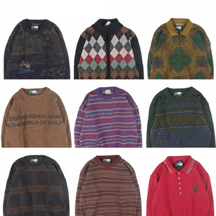 古着vintage复古日制宽松纯撞色波普几何图案羊毛毛衣男女秋冬99