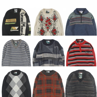 古着vintage复古日系宽松加厚纯撞色波普图案羊毛毛衣男女秋冬13
