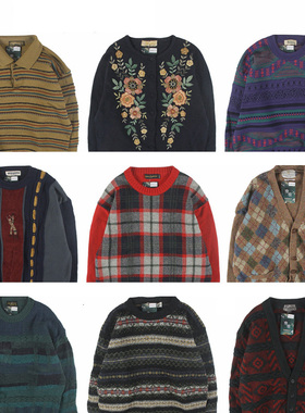古着vintage复古日系宽松刺绣几何撞色波普图案纯羊毛衣男女秋冬9