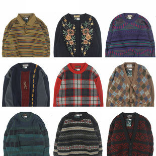 古着vintage复古日系宽松刺绣几何撞色波普图案纯羊毛衣男女秋冬9