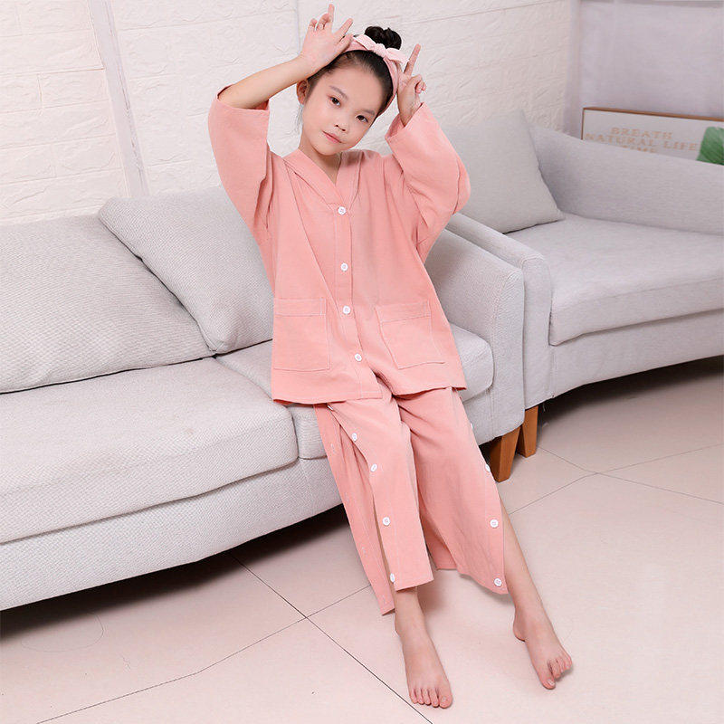 小孩儿童纯棉艾灸服中大童长款前后开衫裤子开扣理疗服拔罐美容服