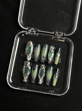 绿玻璃珠穿戴甲猫眼机械暗黑腮绿魔镜粉造型朋克风手作手工假指甲