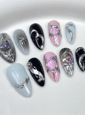 Ruizhou甜辣穿戴甲金属手绘不规则造型欧美杏仁甲穿戴式指甲贴