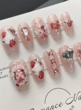 许允真同款洛可可兔粉色草莓钻石爱丽丝仙境短方圆长梯手工穿戴甲