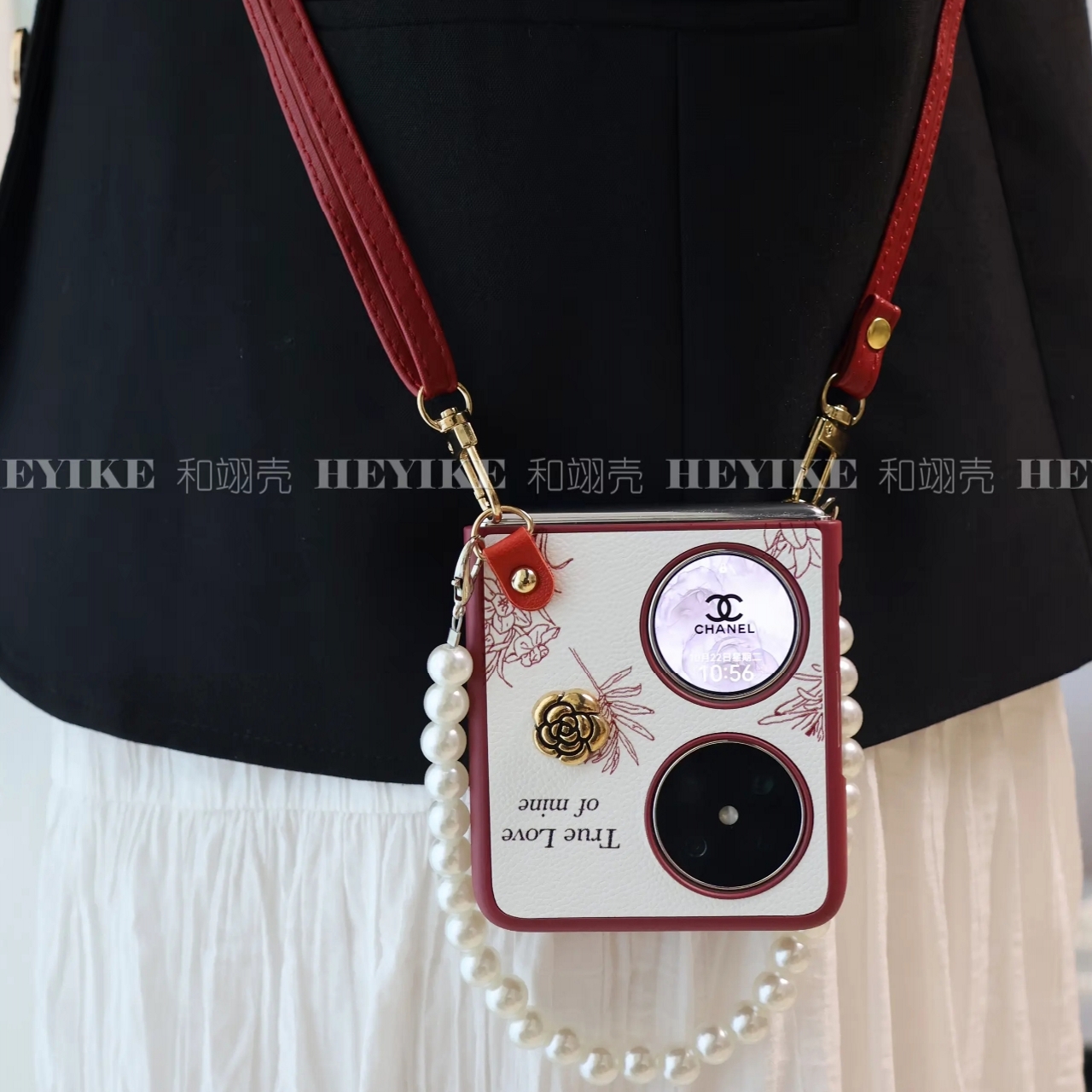 复古山茶花适用华为pocket2手机壳斜跨pura X手提razr60折叠屏N3filp三星zflip7/6荣耀magicvflip2小米2高级