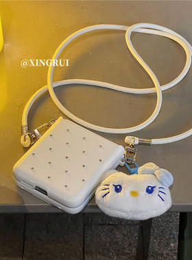 ins白色皮纹水钻kt猫斜挎背适用华为pocket2/s折叠屏手机壳小米mixflip创意三星Galaxyzflip6全包p50pocket女