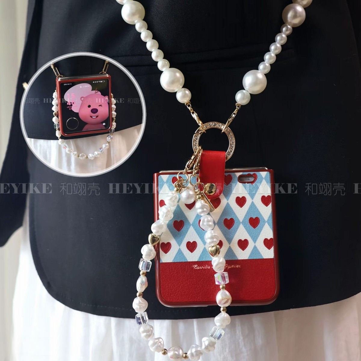 复古爱心适用荣耀magicvflip2手机壳斜跨华为pura X手提pocket2折叠屏N3filp三星zflip7/6小米mixflip2高级感