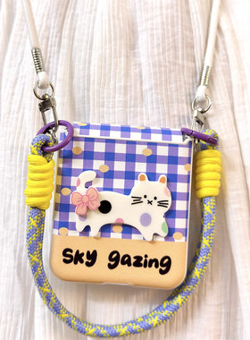 波点蓝色格子纹适用华为PuraX手机壳皮质P50pocket2小米mixFlip2铰链全包摩托罗拉Razr50猫咪60Ultra防摔外壳