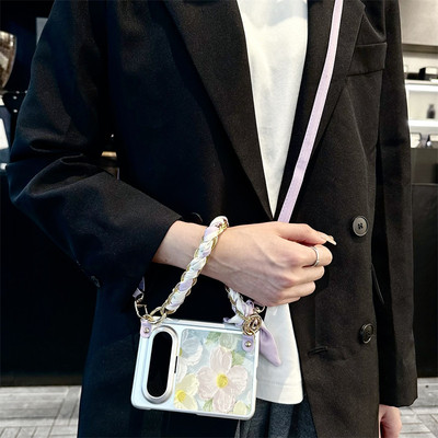 适用于华为PuraXMax全包中轴磁吸阔大折叠手机壳puraxmax油画紫花matex7/x6斜挎背带绳matex5/x3翻盖手提