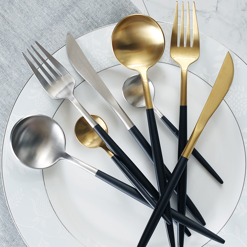 黑金304不锈钢leon网红西餐餐具套装两件套家用牛排西餐刀叉欧式