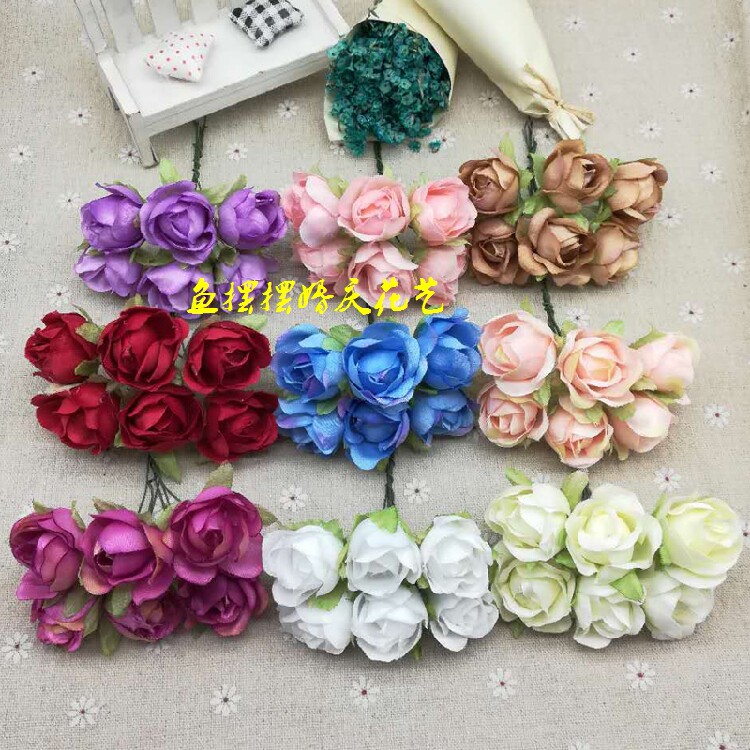 新品DIY仿真玫瑰花苞小花束森系七夕花环喜糖盒胸花装饰花绢花3cm