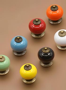 欧式儿童房拉手黑色白色黄色绿色蓝色橙色陶瓷单孔柜门抽屉把手