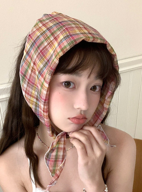 法式红色格纹三角头巾女夏海边复古田园风丝巾遮阳防晒三角巾发带