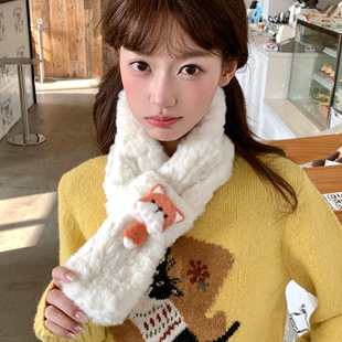日系可爱卡通小狐狸毛绒围巾女冬季保暖百搭学生围脖少女心毛茸茸