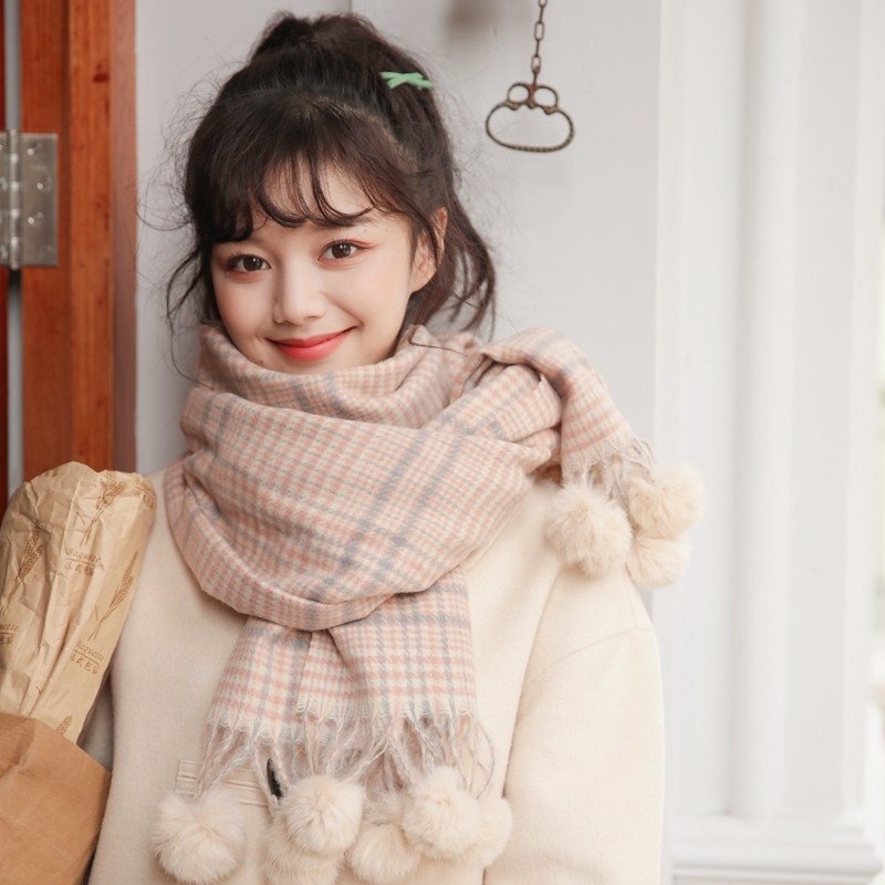 兔毛球球围巾女秋冬季百搭可爱学生保暖加厚护颈格子围脖韩版披肩,服饰配件/皮带/帽子/围巾,围巾/丝巾/披肩,淘宝优惠券,粉丝福利购,淘宝优惠卷
