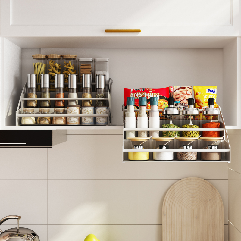 厨房橱柜升降下拉式调料篮置物架