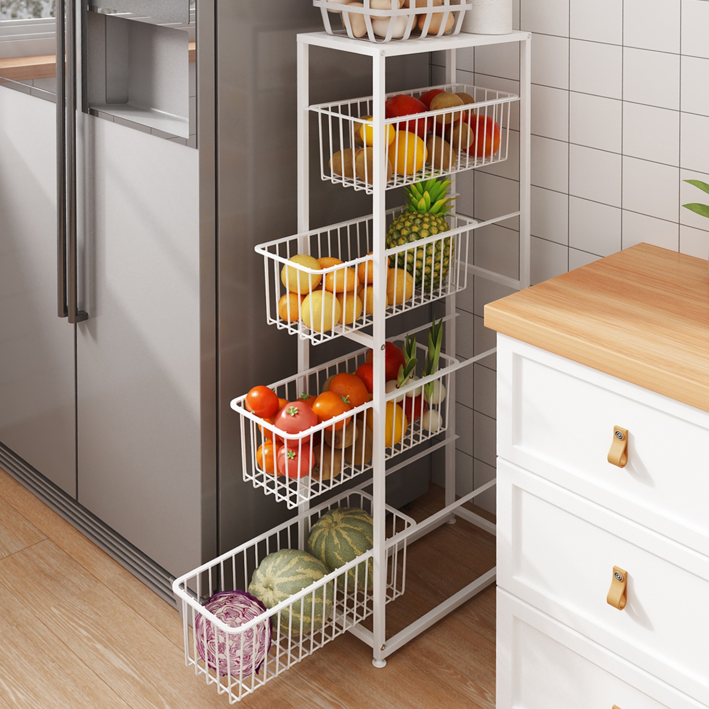 抽拉式窄缝夹缝蔬菜收纳架多层