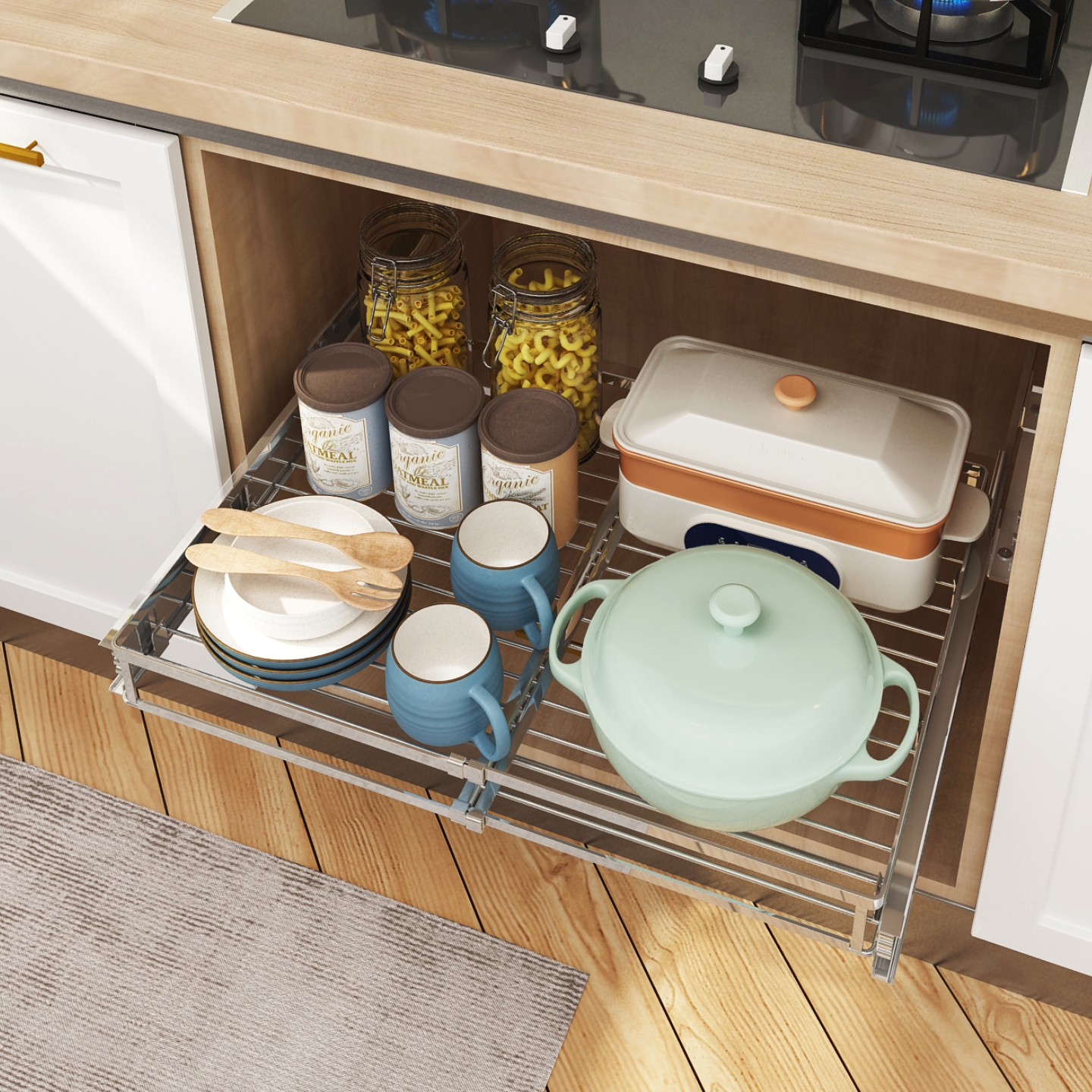 厨房伸缩拉篮免打孔抽屉式收纳架