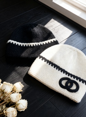 Mist Beads秋冬新黑白拼色针织帽男女情侣款冷帽保暖羊绒毛线帽子