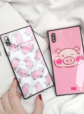 适用苹果15prmax方形14Plus手机壳iphone13pro卡通12粉色猪11XRS保护套x玻璃