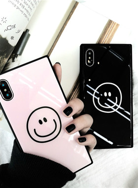 ins适用于苹果15promax玻璃14Plus手机壳iphone13prox简约12mini笑脸11XRS方形78p情侣款