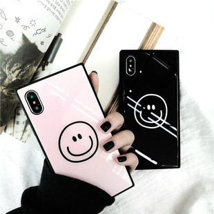 ins适用于苹果15promax玻璃14Plus手机壳iphone13prox简约12mini笑脸11XRS方形78p情侣款