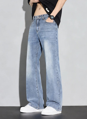 裤子男美式高街男生宽松微喇裤弯刀牛仔裤男士黑色修身休闲裤长裤