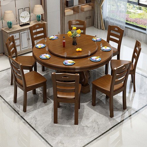 全实木木带转盘8人经济型餐桌椅
