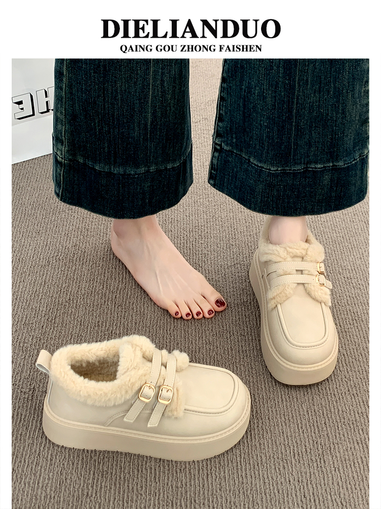 厚底加绒豆豆勃肯鞋女2025新款秋冬季乐福小皮鞋棉鞋子毛毛雪地靴
