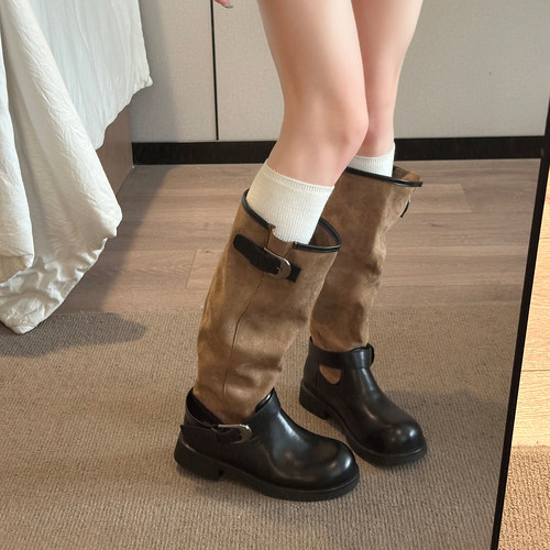 老钱风女鞋秋厚底棕色长筒靴女款2026新款季西部牛仔靴高筒0916e