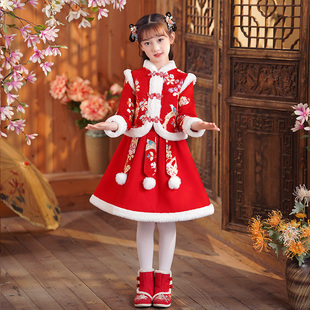 过年拜年服夹棉短裙套装 女童装 冬装 新年衣服唐装 汉服连衣裙秋冬款