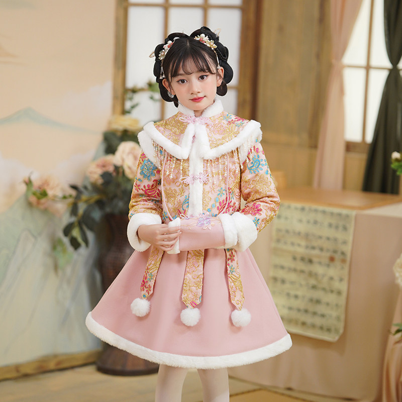 女童装汉服连衣裙秋冬款新年衣服唐装冬装过年拜年服夹棉短裙套装