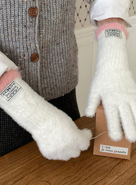 秋冬漏指触屏加绒保暖加厚针织毛绒手套分指防寒分指韩版毛线手套