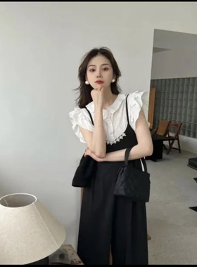 法式别致甜美飞飞袖上衣+高级感气质吊带连体裤