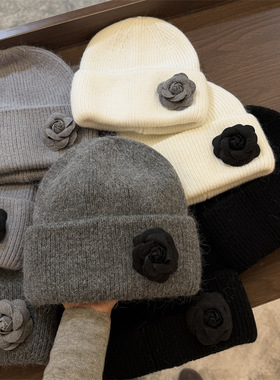 黑色山茶花高级感针织帽小清新简约毛线帽秋冬季保暖气质百搭帽子