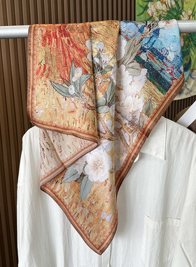 油画风格新款真丝70cm方巾春季百搭气质100%桑蚕丝丝巾高级感