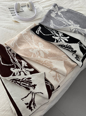 复古鸢尾花围巾韩系氛围感柔软舒服新款冬季保暖针织学生围脖女