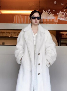 可机洗！秋冬西服领仿水貂绒皮毛一体毛毛环保皮草女外套大衣