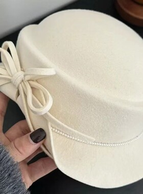 赫本风100%绵羊毛蝴蝶结卷边礼帽女秋冬高级感方圆脸显脸小千金帽