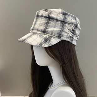 马术帽女春夏薄款日系格纹褶皱鸭舌帽显脸小报童帽个性韩版帽子潮