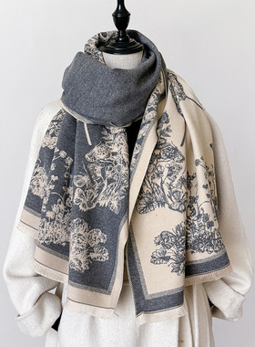 高颜值花间蝴蝶印花仿羊绒围巾女冬季保暖围脖气质款双面披肩2024
